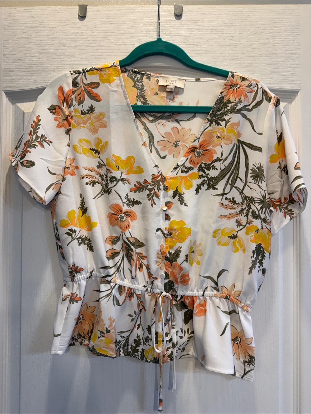 LOFT White Floral V-Neck Peplum Tie-Waist Top with Yellow & Peach Blooms